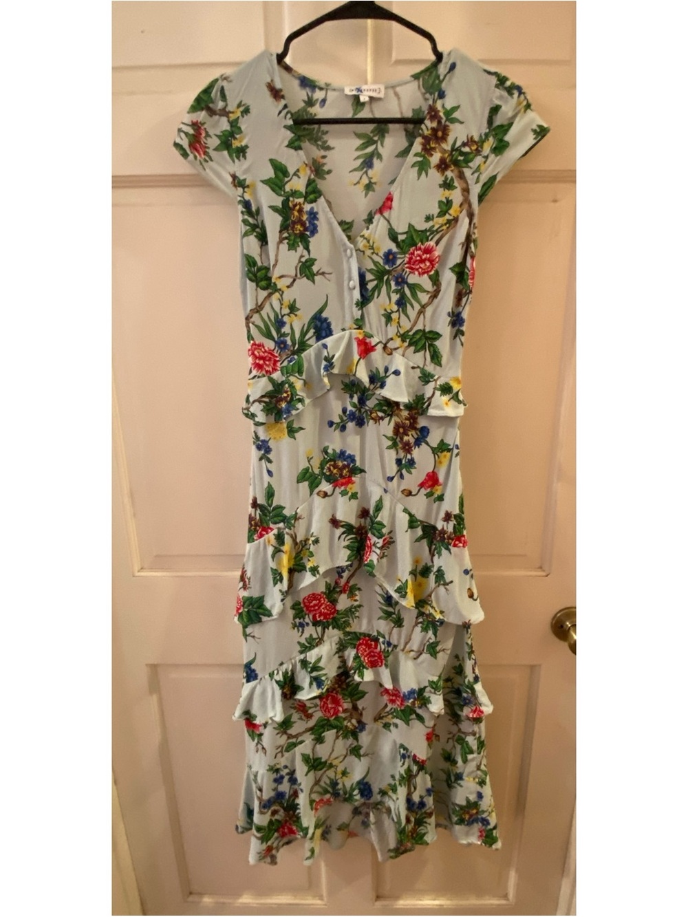 Warehouse Light Blue Floral Maxi Dress with Ruffle Tiers